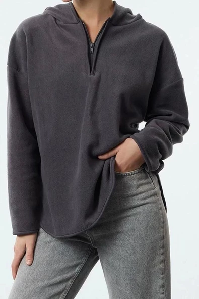 Kadın Moda Şık Bol Kapüşonlu Düşük Kol Uzun Kalın Polar ve Fermuarlı Geniş Kalıp Örme Sweatshirt - 3