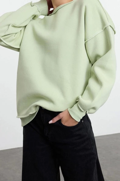 Kadın Bol Bisiklet Yaka Düşük Kol Uzun Normal Kalıp Karyoka Dikişli Kalın Polarlı Örme Sweatshirt - 2