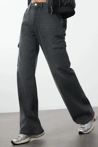 Kadın Moda Şık Kot Pantolon Geniş Paça Uzun Boy Denim Antrasit Yüksek Bel Jeans - 3