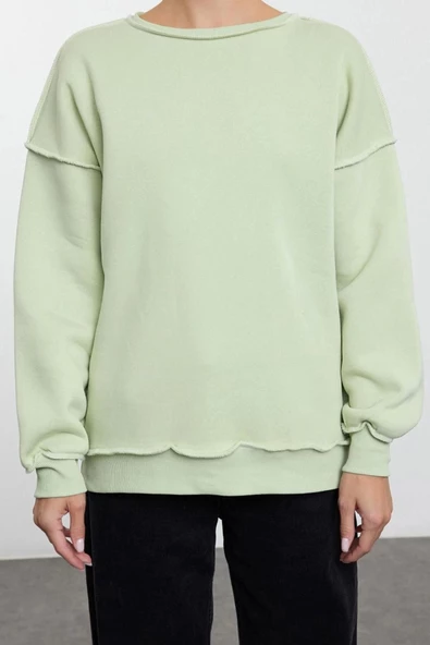 Kadın Bol Bisiklet Yaka Düşük Kol Uzun Normal Kalıp Karyoka Dikişli Kalın Polarlı Örme Sweatshirt
