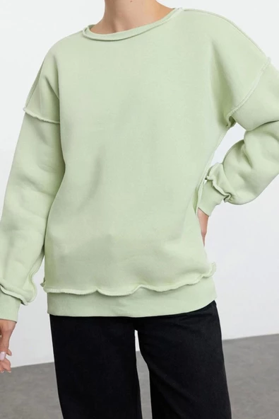 Kadın Bol Bisiklet Yaka Düşük Kol Uzun Normal Kalıp Karyoka Dikişli Kalın Polarlı Örme Sweatshirt - 3
