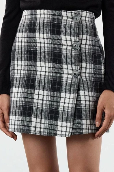 Kadın Moda Stil Mini Astarsız Dokuma Kruvaze Ekose Desenli Mini Dokuma Etek