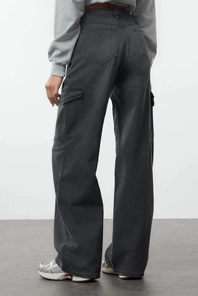 Kadın Moda Şık Kot Pantolon Geniş Paça Uzun Boy Denim Antrasit Yüksek Bel Jeans - 5