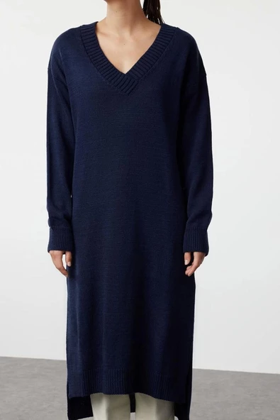 Kadın Moda Şık Maxi Boy V Yaka Oversize Triko Geniş Kalıp Elbise - 3