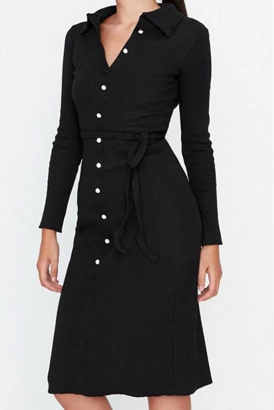 Kadın Moda Şık Midi Boy Gömlek Yaka Slim Vücuda Oturan Polo Yaka Fitilli Düğmeli Esnek Örme Elbise - 3