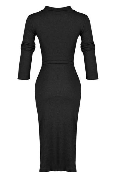Kadın Moda Şık Midi Boy Gömlek Yaka Slim Vücuda Oturan Polo Yaka Fitilli Düğmeli Esnek Örme Elbise