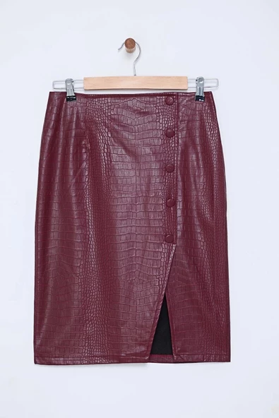 Kadın Moda Stil Midi Astarsız Dokuma Limited Edition Suni Yılan Derisi Yırtmaç Detaylı Dokuma Etek