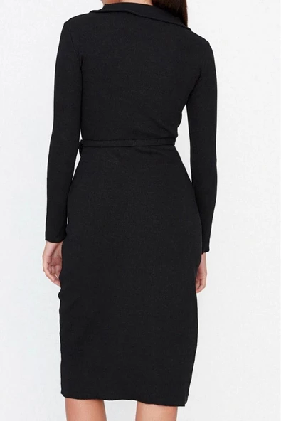 Kadın Moda Şık Midi Boy Gömlek Yaka Slim Vücuda Oturan Polo Yaka Fitilli Düğmeli Esnek Örme Elbise - 6