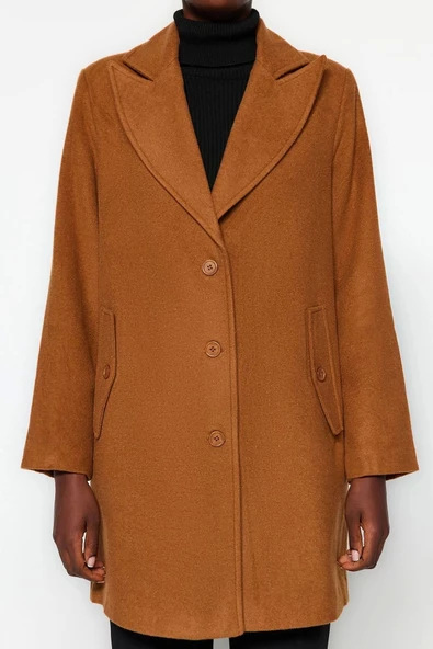 Kadın Moda Şık Bol Ceket Yaka Midi Düz Astarlı Oversize Geniş Kesim Kaşe Kaban - 5