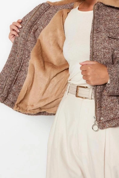 Kadın Moda Şık Regular Gömlek Yaka Standart Kırçıllı Astarlı Peluş Yakalı Tüvit Kaşe Kaban - 4