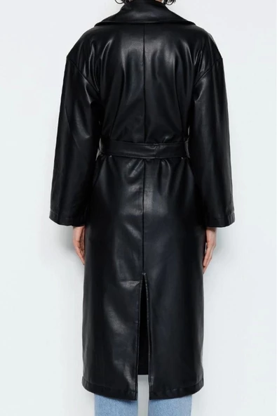 Kadın Moda Şık Oversize Ceket Yaka Uzun Düz Astarlı Oversize Geniş Kesim Kuşaklı Suni Deri Trençkot - 4