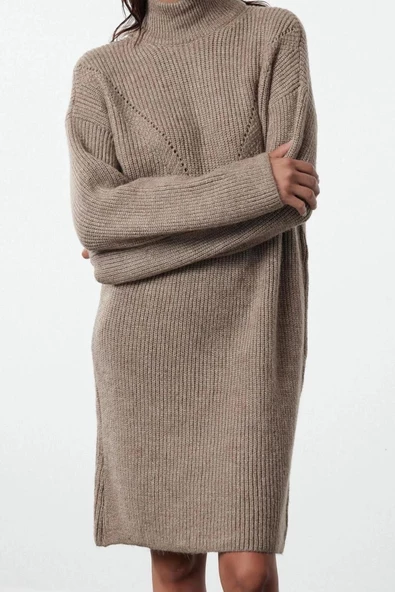 Kadın Moda Şık Mini Boy Dik Yaka Regular Triko Yumuşak Dokulu Kazak Elbise - 3