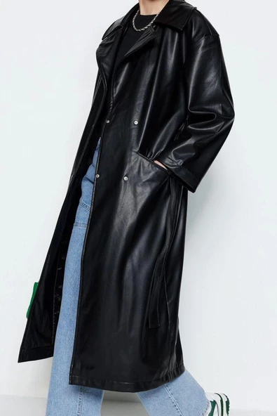 Kadın Moda Şık Oversize Ceket Yaka Uzun Düz Astarlı Oversize Geniş Kesim Kuşaklı Suni Deri Trençkot - 2