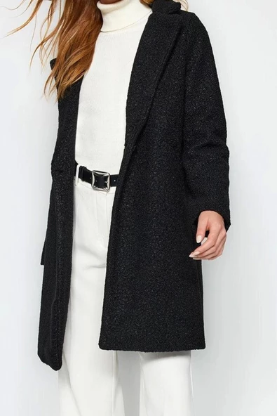 Kadın Moda Şık Regular Ceket Yaka Midi Düz Astarlı Midi Buklet Kaban - 4
