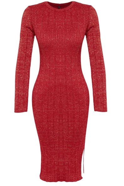 Kadın Moda Şık Midi Boy Bisiklet Yaka Slim Simli Triko Elbise