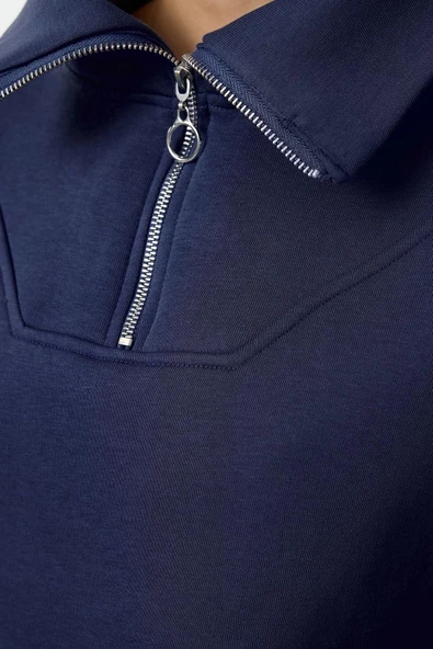 Kadın Moda Bol Fermuarlı Yaka Düşük Kol Uzun Kalın İçi Polarlı Fermuarlı Geniş Kalıp Örme Sweatshirt - 4