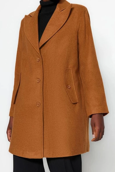 Kadın Moda Şık Bol Ceket Yaka Midi Düz Astarlı Oversize Geniş Kesim Kaşe Kaban - 4