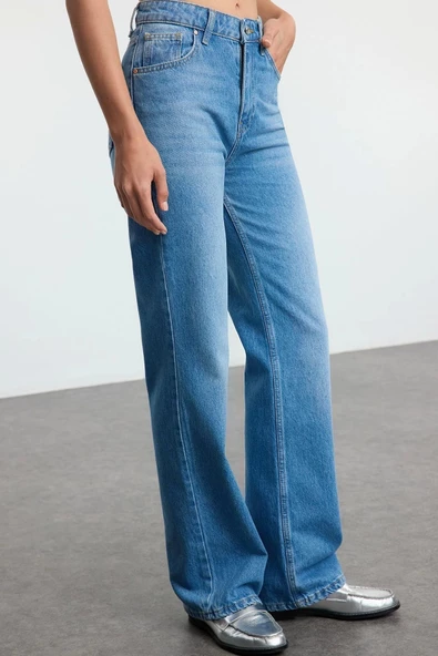 Kadın Moda Şık Kot Pantolon Geniş Paça Uzun Boy Denim Mavi Yüksek Bel Jeans