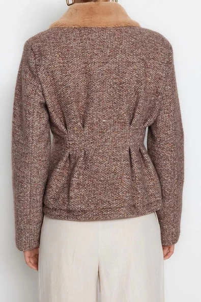 Kadın Moda Şık Regular Gömlek Yaka Standart Kırçıllı Astarlı Peluş Yakalı Tüvit Kaşe Kaban - 6