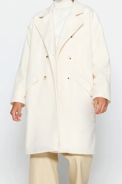 Kadın Moda Şık Bol Ceket Yaka Uzun Düz Astarlı Oversize Geniş Kesim Uzun Kaşe Kaban - 2