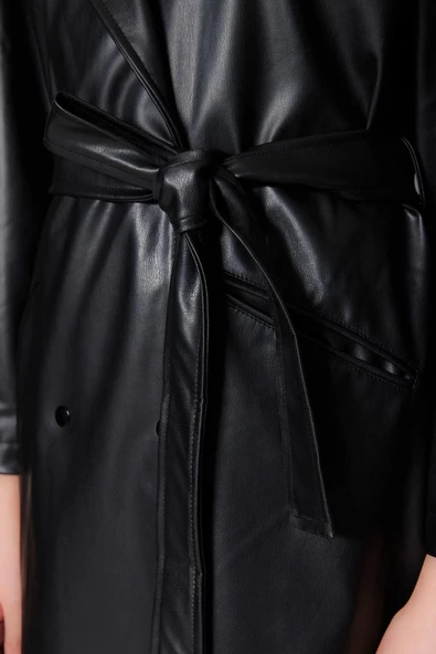 Kadın Moda Şık Oversize Ceket Yaka Uzun Düz Astarlı Oversize Geniş Kesim Kuşaklı Suni Deri Trençkot - 5