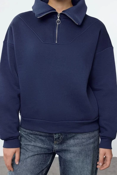 Kadın Moda Bol Fermuarlı Yaka Düşük Kol Uzun Kalın İçi Polarlı Fermuarlı Geniş Kalıp Örme Sweatshirt