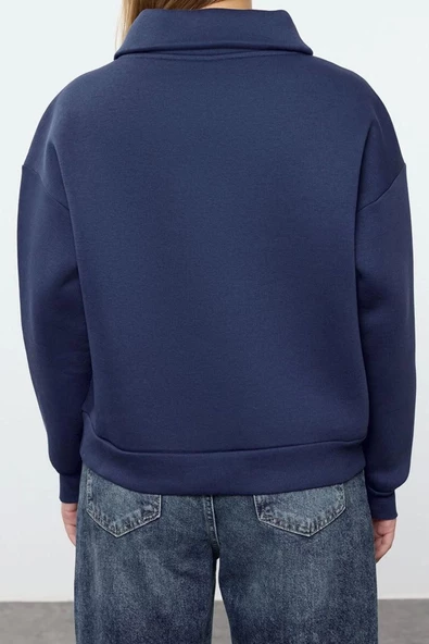Kadın Moda Bol Fermuarlı Yaka Düşük Kol Uzun Kalın İçi Polarlı Fermuarlı Geniş Kalıp Örme Sweatshirt - 5