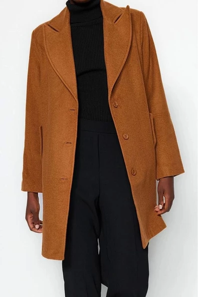 Kadın Moda Şık Bol Ceket Yaka Midi Düz Astarlı Oversize Geniş Kesim Kaşe Kaban - 2