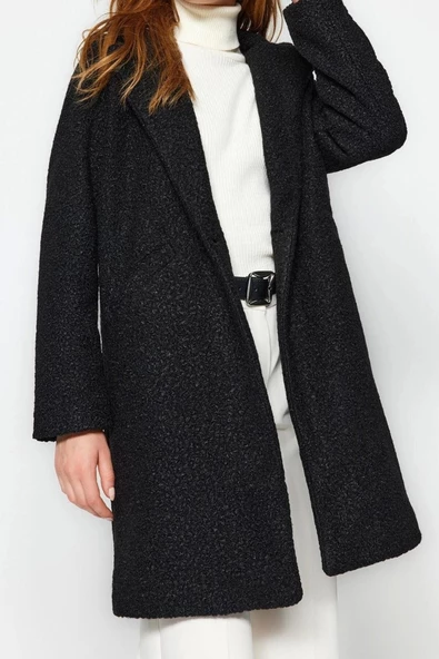 Kadın Moda Şık Regular Ceket Yaka Midi Düz Astarlı Midi Buklet Kaban - 3