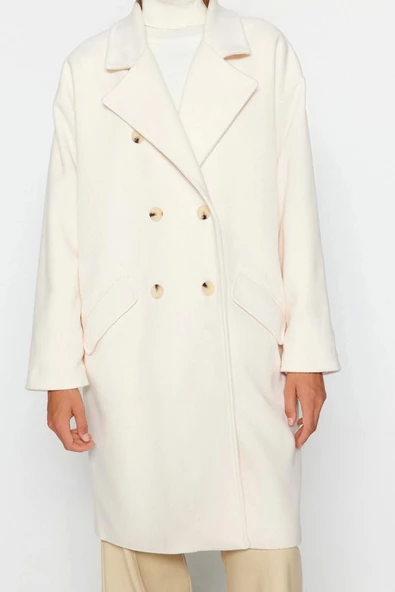 Kadın Moda Şık Bol Ceket Yaka Uzun Düz Astarlı Oversize Geniş Kesim Uzun Kaşe Kaban - 3