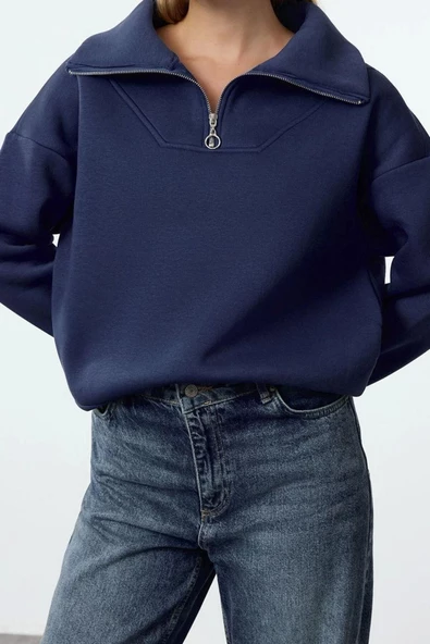 Kadın Moda Bol Fermuarlı Yaka Düşük Kol Uzun Kalın İçi Polarlı Fermuarlı Geniş Kalıp Örme Sweatshirt - 3