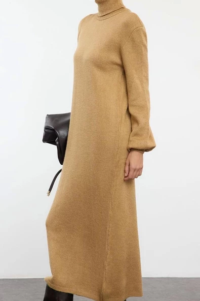 Kadın Moda Şık Midi Boy Balıkçı Yaka Regular Triko Yumuşak Dokulu Kazak Elbise - 2