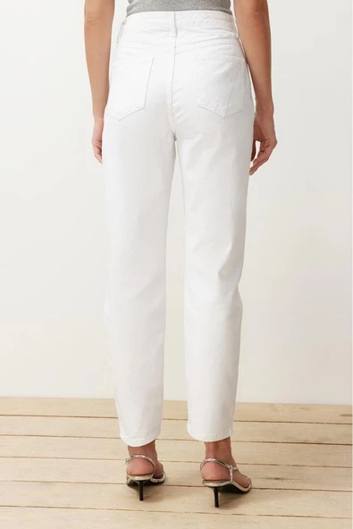 Kadın Moda Şık Kot Pantolon Dar Paça Regular Boy Denim Beyaz Yüksek Bel Mom Jeans - 6