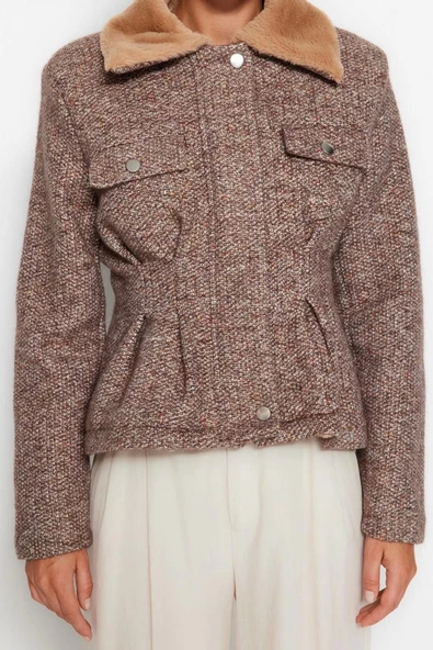 Kadın Moda Şık Regular Gömlek Yaka Standart Kırçıllı Astarlı Peluş Yakalı Tüvit Kaşe Kaban - 5