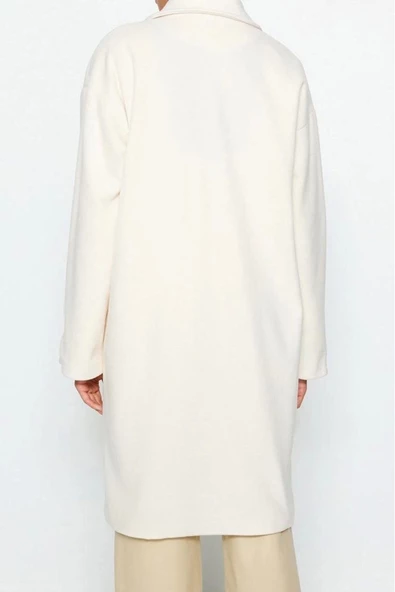 Kadın Moda Şık Bol Ceket Yaka Uzun Düz Astarlı Oversize Geniş Kesim Uzun Kaşe Kaban - 6