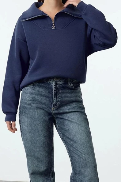Kadın Moda Bol Fermuarlı Yaka Düşük Kol Uzun Kalın İçi Polarlı Fermuarlı Geniş Kalıp Örme Sweatshirt - 2