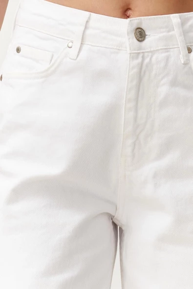 Kadın Moda Şık Kot Pantolon Dar Paça Regular Boy Denim Beyaz Yüksek Bel Mom Jeans - 5