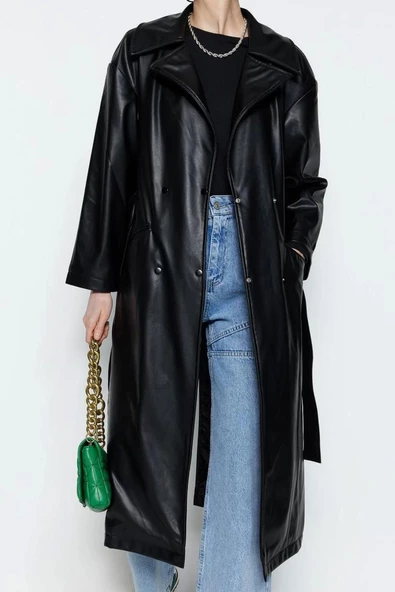 Kadın Moda Şık Oversize Ceket Yaka Uzun Düz Astarlı Oversize Geniş Kesim Kuşaklı Suni Deri Trençkot - 3