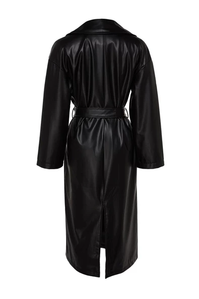 Kadın Moda Şık Oversize Ceket Yaka Uzun Düz Astarlı Oversize Geniş Kesim Kuşaklı Suni Deri Trençkot - 6
