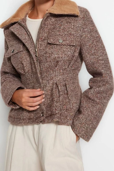 Kadın Moda Şık Regular Gömlek Yaka Standart Kırçıllı Astarlı Peluş Yakalı Tüvit Kaşe Kaban - 2