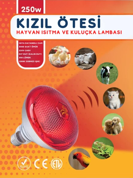 250W Kızılötesi (infrared) Isıtıcılı Hayvan Isıtma ve Kuluçka Lambası (Kırmızı Işık) E27 (Kalın Duy)