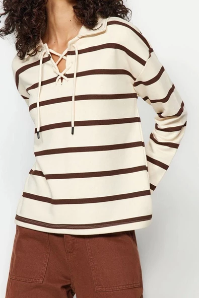 Kadın Regular Polo Yaka Standart Kol Regular Polo Yaka Bağlama Detaylı Kalın Fit Örme Sweatshirt - 2