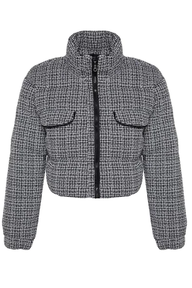 Kadın Moda Şık Regular Dik Yaka Crop Desenli Astarlı Regular Tüvit Crop Şişme Mont