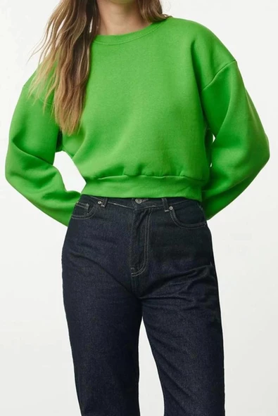 Kadın Moda Şık Crop Dik Yaka Düşük Kol Crop Rahat Kesim Crop Basic Kalın İçi polarlı Örme Sweatshirt - 3
