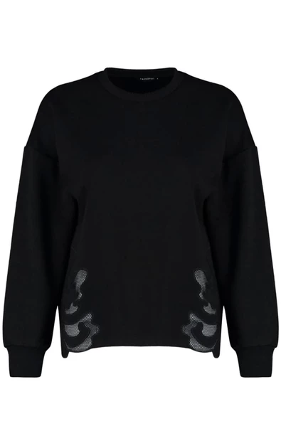 Kadın Moda Şık Relaxed Bisiklet Yaka Standart Kol Regular Basic İnce Aplike Detaylı Örme Sweatshirt