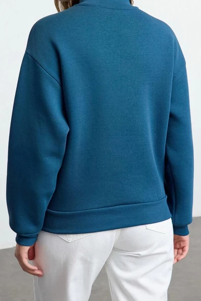 Kadın Moda Bol Fermuarlı Yaka Düşük Kol Uzun Kalın İçi Polarlı Fermuarlı Geniş Kalıp Örme Sweatshirt - 5