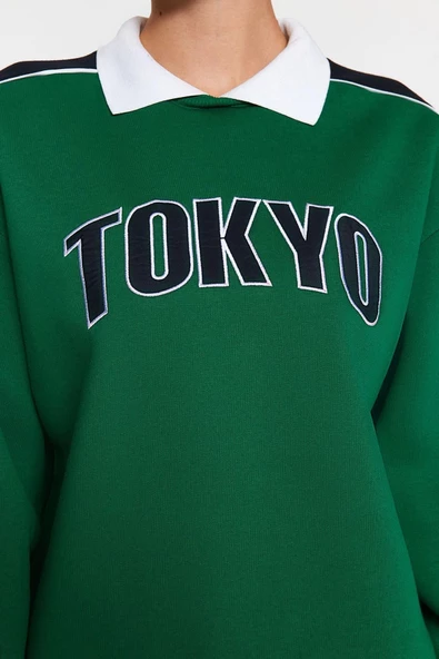 Kadın Gömlek Yaka Reglan Kol Kalın İçi Polarlı Polo Yaka Normal Kalıp Örme Sweatshirt - 5