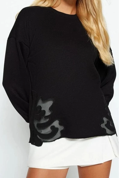 Kadın Moda Şık Relaxed Bisiklet Yaka Standart Kol Regular Basic İnce Aplike Detaylı Örme Sweatshirt - 2
