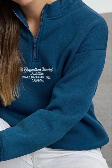 Kadın Moda Bol Fermuarlı Yaka Düşük Kol Uzun Kalın İçi Polarlı Fermuarlı Geniş Kalıp Örme Sweatshirt - 3