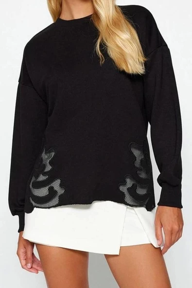 Kadın Moda Şık Relaxed Bisiklet Yaka Standart Kol Regular Basic İnce Aplike Detaylı Örme Sweatshirt - 4